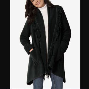 Fringed Shawl Collar Fleece Jacket Open Front Cardigan Plus Size EUC